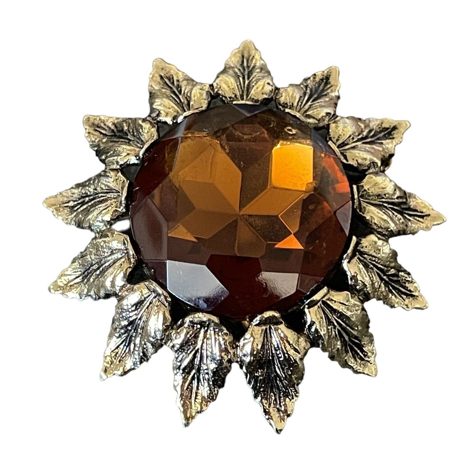 Vintage Signed Emmons Amber Colored Rhinestone Pin Brooch Sunburst Sunflower